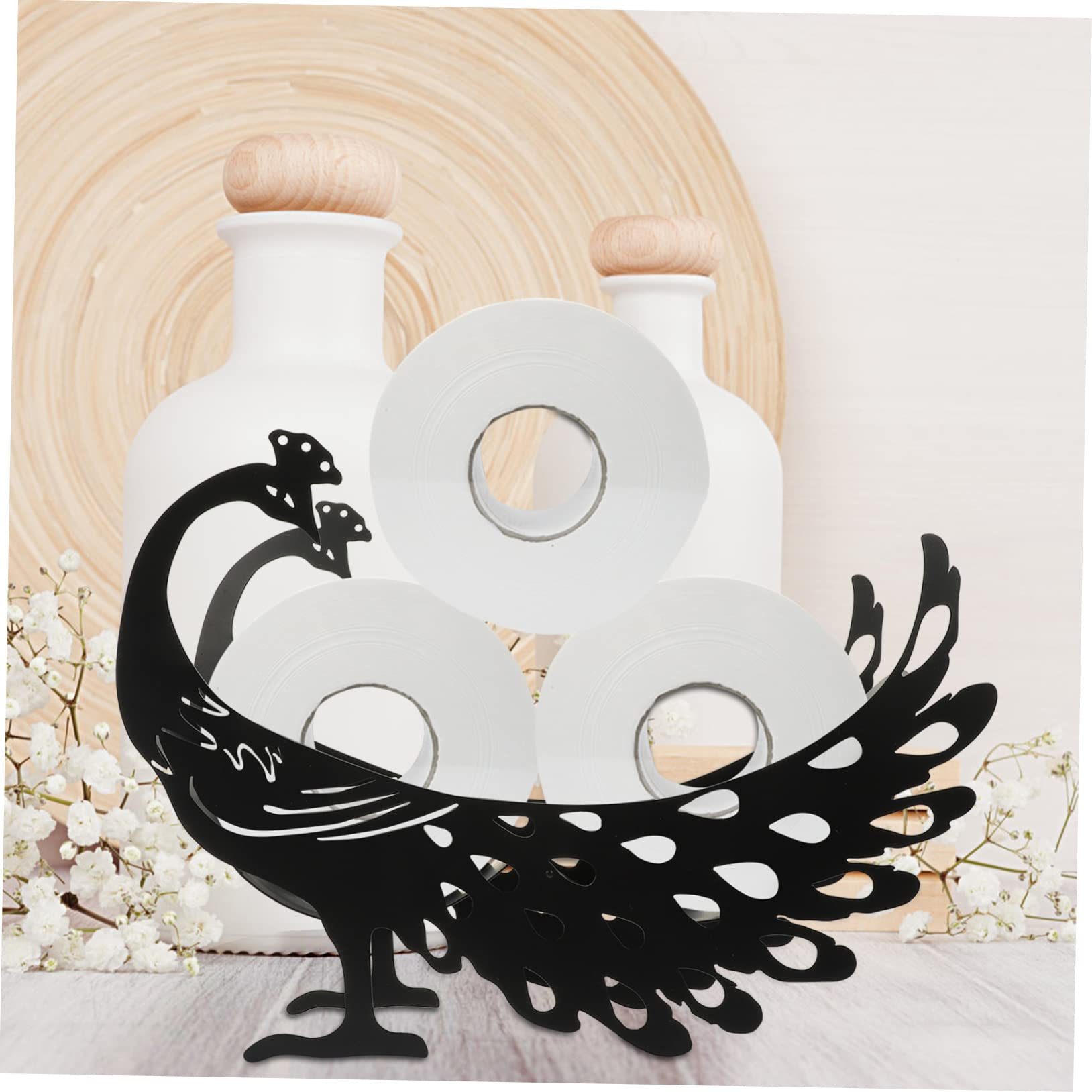 Portarrollos de Papel Higiénico Forma de Pavo Real de Hierro Negro | Almacenamiento Estable, Diseño Creativo para Sala y Cocina, Decoración de Escritorio