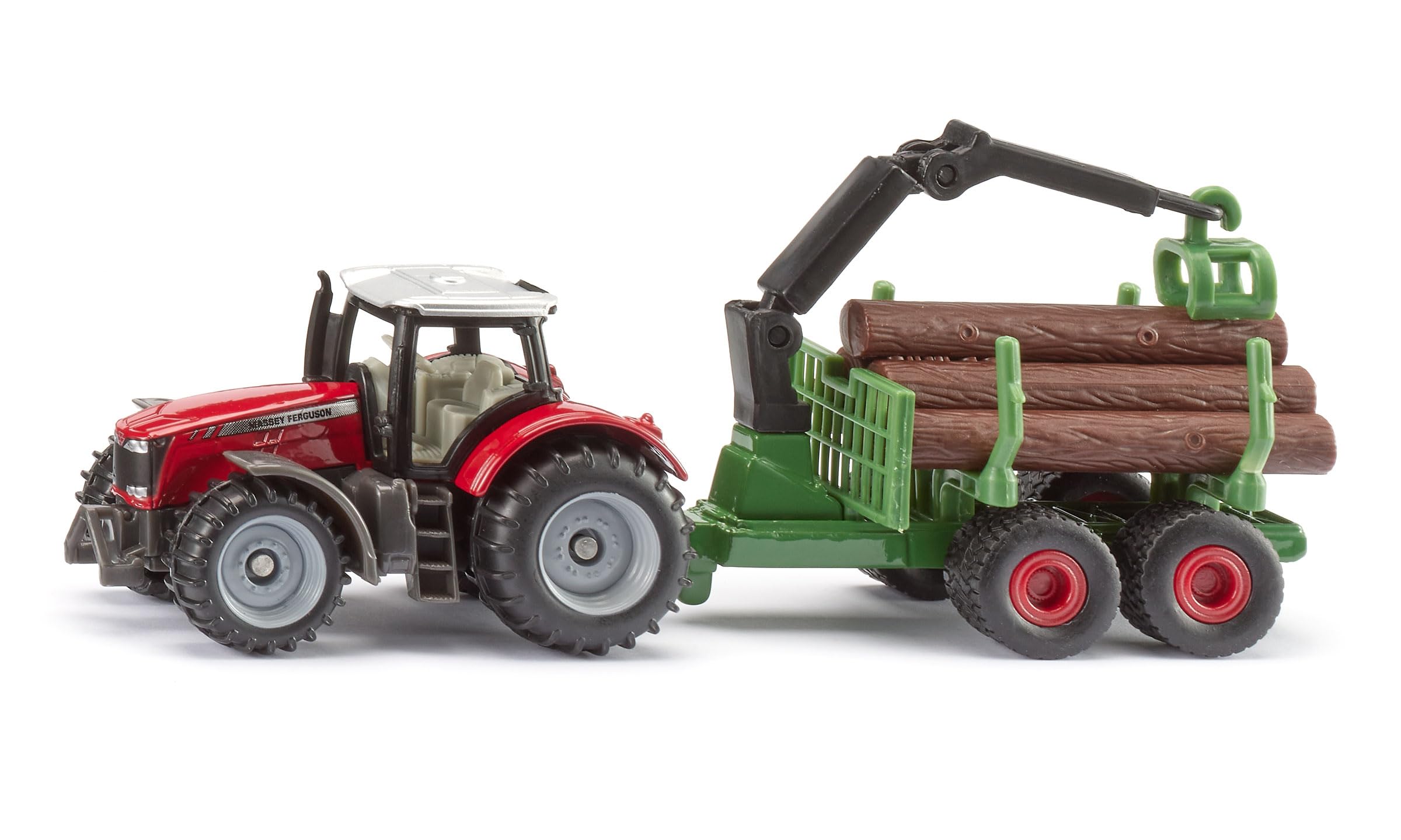 SIKU 1134 Massey Ferguson Tractor with Forest Trailer, Mobile Loading Crane with Grip Function, 6 Tree Trunks, Metal and Plastic, Forest Toy