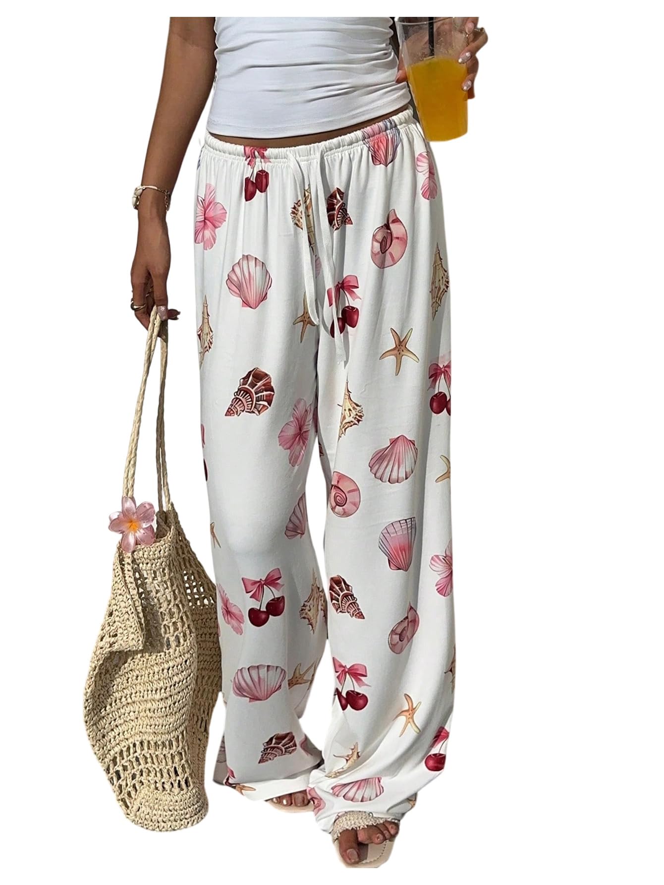 WDIRARA Womens Ocean Animal Wide Leg Pants Graphic Drawstring Waist Loose Baggy Pants