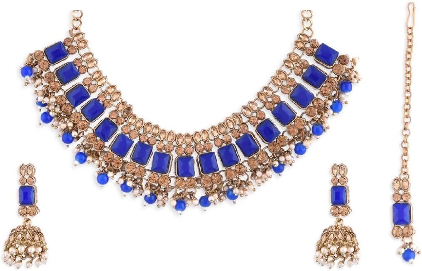 Efulgenz Indian Jewelry Sets for Women Traditional Bollywood Ethnic Faux Kundan Crystal Stone Necklace Jhumka Jhumki Earrings Maang Tikka Indian Wedding Bridal Sets