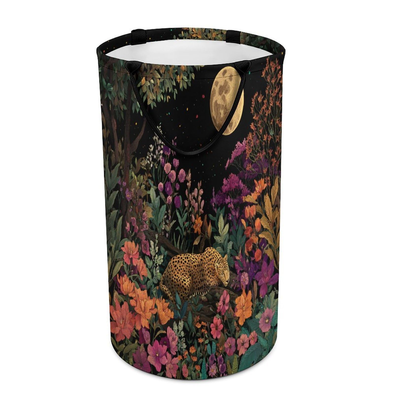 LUYYSKY Classic Abstract Animal Cheetah Collapsible Dirty Clothes Basket, Exotic Oil Painting Full Moon Wildlife Leopard Plant Floral Portable Clothes Storage Laundry Basket-40 CM Dia, 69 CM High
