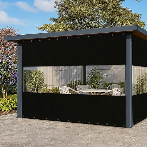 Covers & All Vinyl Outdoor Curtains for Patio Waterproof – 12 oz Outdoor Clear Panel Curtains, Gazebo Curtains with Brass Grommets for Pergola, Porch & Patio Walls for Winter (12 x 14 ft, Black)