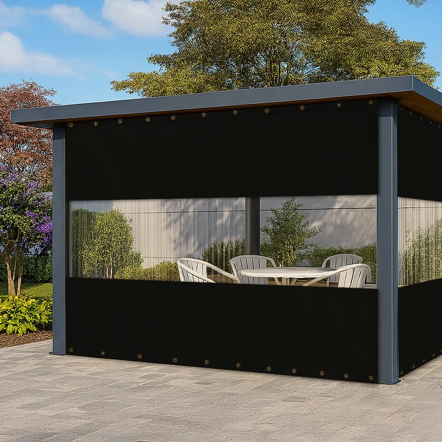 Covers & All Vinyl Outdoor Curtains for Patio Waterproof – 12 oz Outdoor Clear Panel Curtains, Gazebo Curtains with Brass Grommets for Pergola, Porch & Patio Walls for Winter (12 x 14 ft, Black)