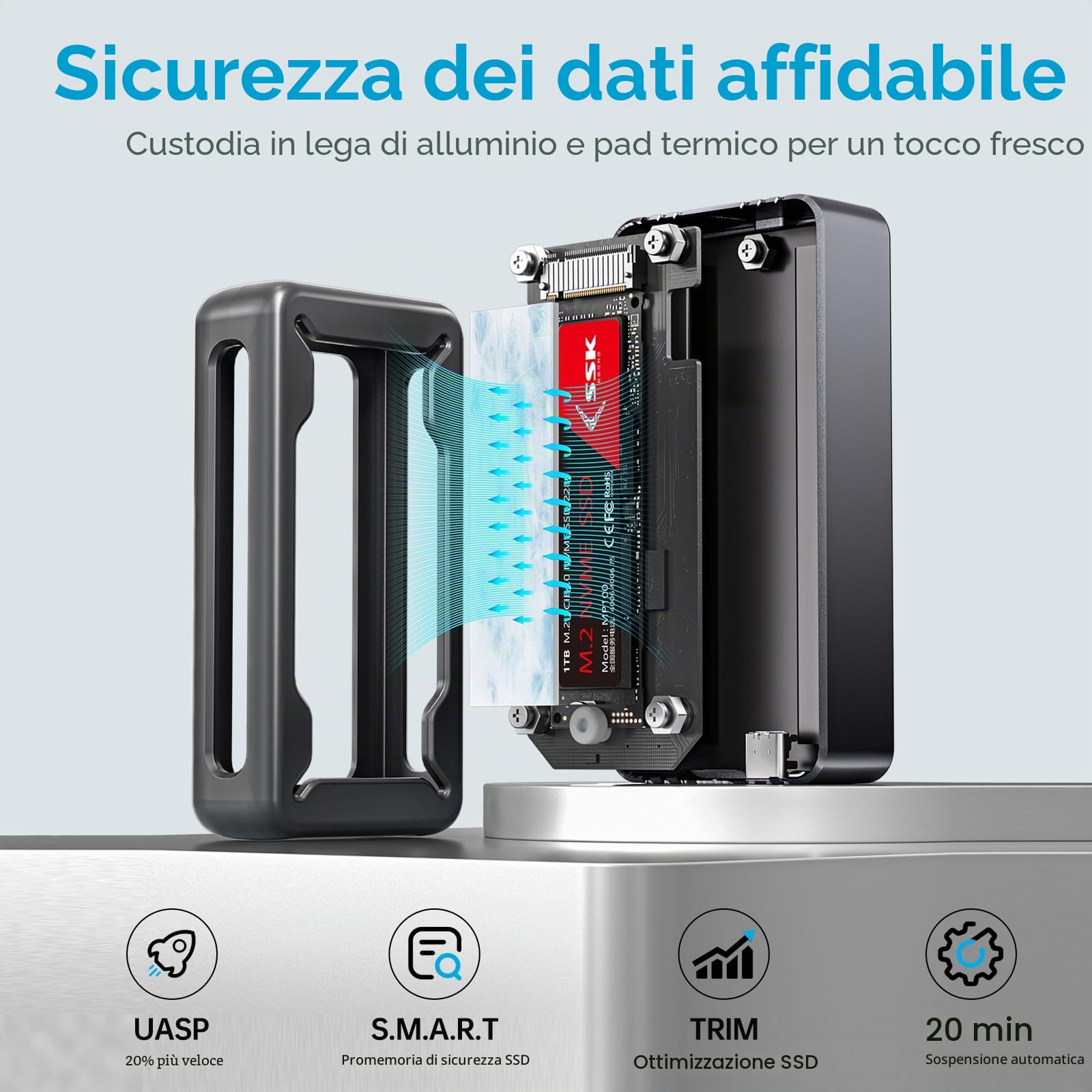 SSK Enclosure NVMe da 40 Gbps, M.2 NVME SSD Enclosure USB4 NVMe Caddy USB C, custodia esterna M2 Supporta 2280/2260/2242/2230 SSD NVME Case Adapter M-Key con indicatore LED Alluminio