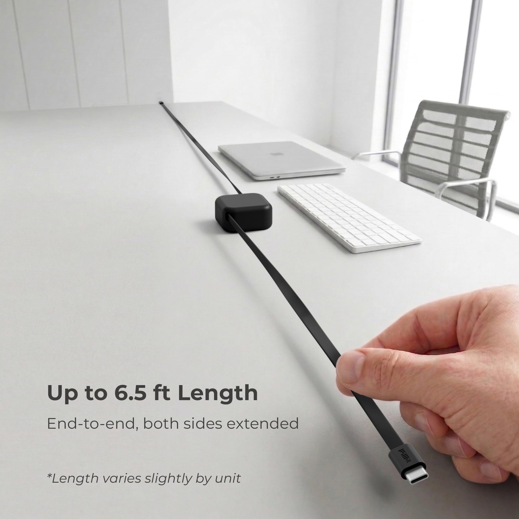 Willox Einziehbares USB-C-Kabel, 240 W, Schwarz | Befestigung an Tischen/Wänden, 240 W PD-Schnellladung, bis zu 2 m End-to-End, doppelter unabhängiger Rückzug, USB-C auf USB-C