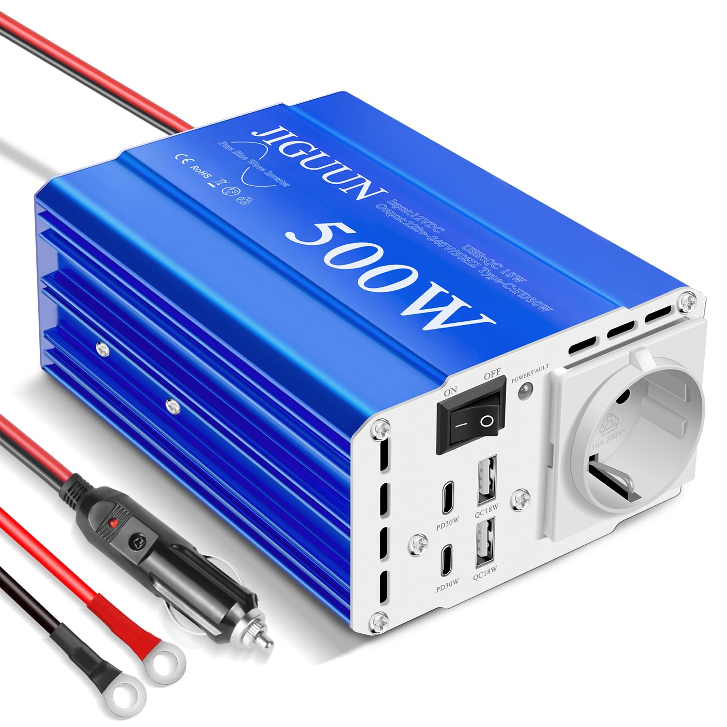 JIGUUN 500W Inversor 12V 220V Onda Pura Convertidor Inverter | Potencia máxima 1000W con 1 enchufe EU 2 puertos USB 2 puertos tipo C 30W para coche, camping, viajes y emergencias