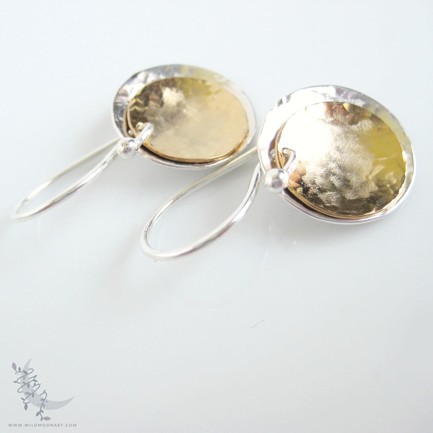 Sterling Silver & 14k Gold Fill Earrings, Small Hammered Mixed Metal Disc Dangle Earrings, Minimalist Everyday Silver Gold Lunar Eclipse Jewelry
