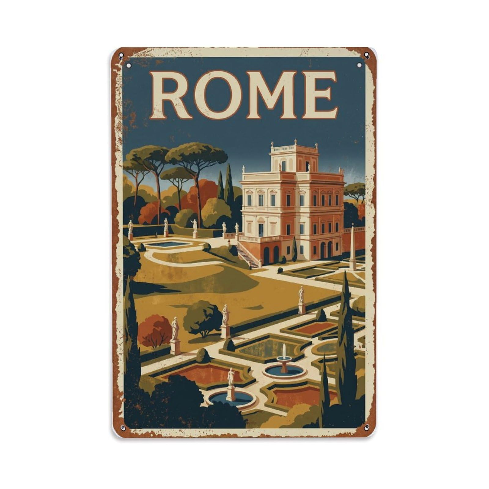 Vintage Travel Rome Villa Doria Pamphili Park Gardens Rusted Italy Metal Tin Sign Plaque Wall Decor for Cafe, Club Bar, Office, Home Garden Metal Poster 8x12Inch