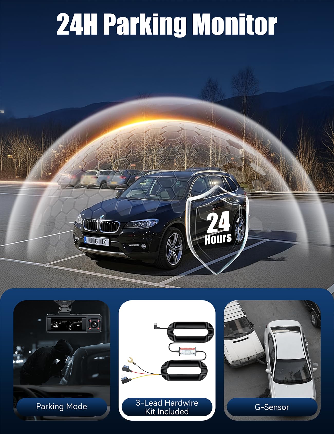 Dashcam 4K 3-Canali, 3,17" Display IPS Dash Cam, Telecamera Auto con WiFi & App, Grandangolo 170°, Sensore G, Visione Notturna, Registrazione in Loop, Monitoraggio Parcheggio,Scheda SD da 64 GB