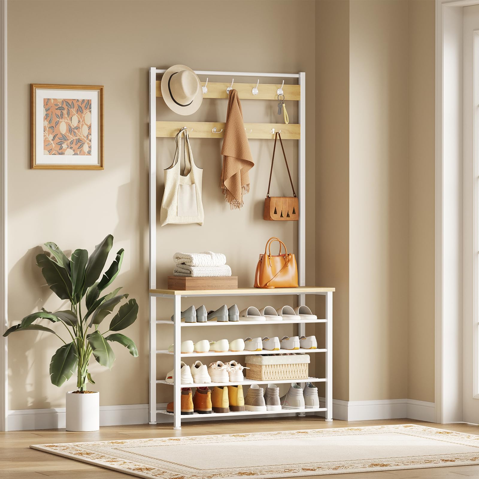 HOOBRO Stand Appendiabiti, Attaccapanni con Scarpiera, Portabiti da Terra con Scarpiera a 5 Livelli, Bianco e Naturale EWN80MT01