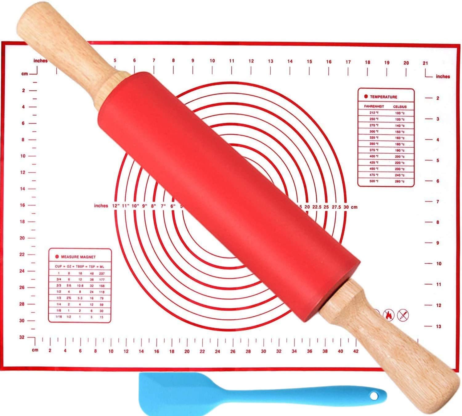 Large Silicone Rolling Pin Pizza Roller Large Silicone Baking Pastry Mat Red