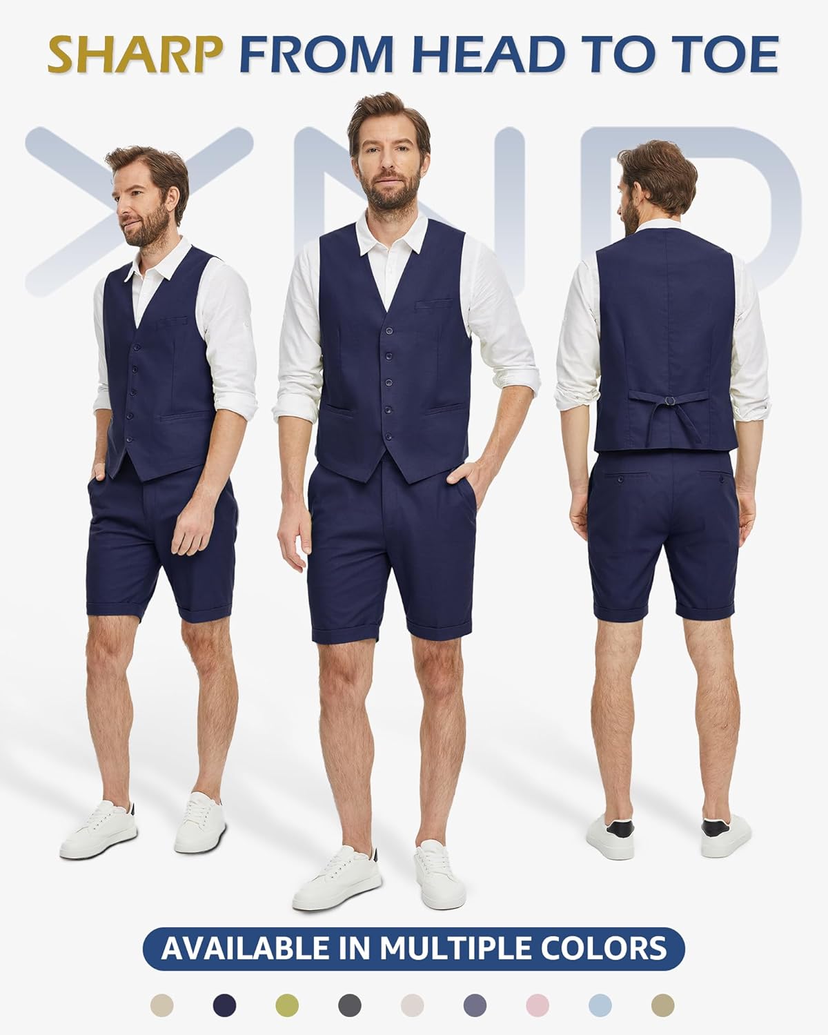 YND 2-Piece Men’s Linen Waistcoat Shorts, Lightweight Vest Pants, Casual Wedding Beach Summer Prom Homecoming Outfit - Image 2