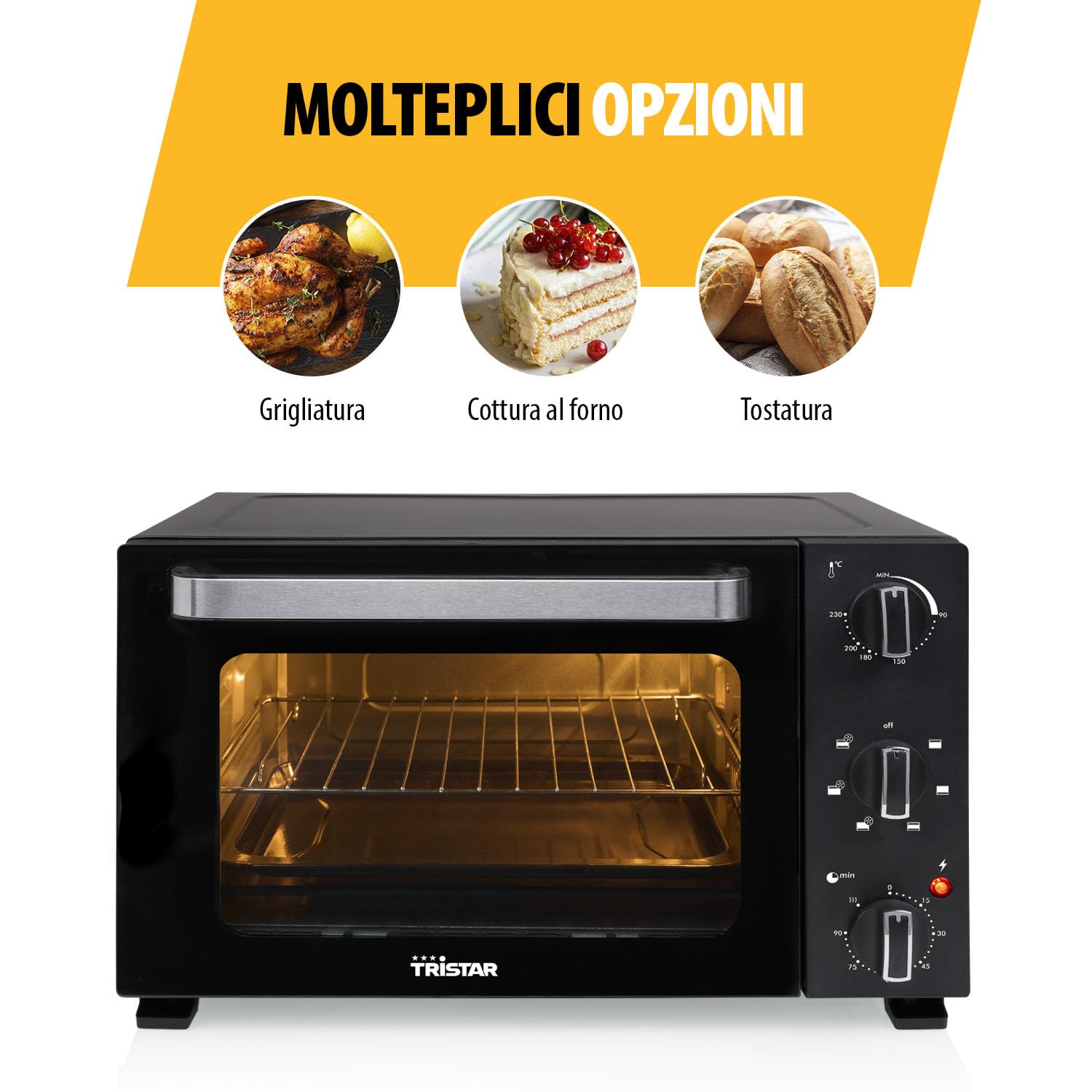 Tristar Forno Ventilato, Capacità 27L, 1500W, 6 Programmi, Timer 90 Min, Termostato 90–230 °C, Porta Doppio Vetro, Luce Interna, Accessori Inclusi, OV-3627