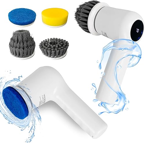 Limpiador eléctrico giratorio, cepillo de limpieza inalámbrico para el hogar, IPX7 impermeable con 5 cabezales de cepillo reemplazables y mango de