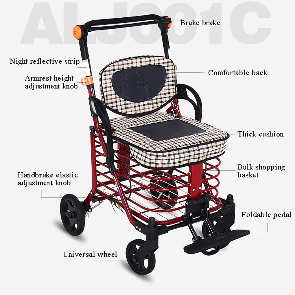 Andador, carrito de compras para personas mayores/Cochecito plegable de hierro forjado/Andador con freno + pedales plegables/Carrito de compras portátil de cuatro ruedas Es muy amable de tu parte