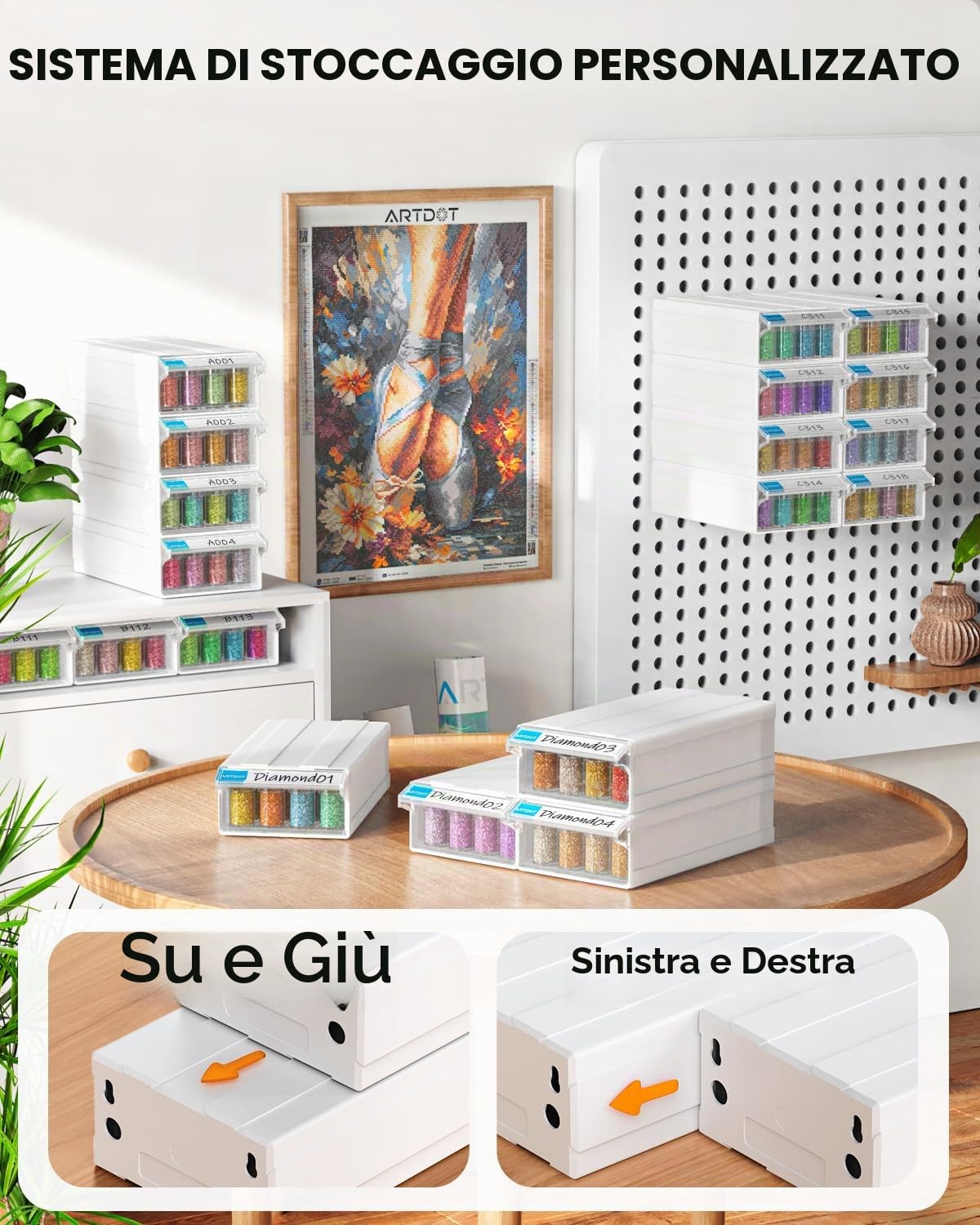 ARTDOT Diamond Painting Kit Accessori Completo, 4 Pezzi Impilabili per Pittura Diamante con 128 Scomparti Singoli per Perline, Nail Art, Pillole E Strass