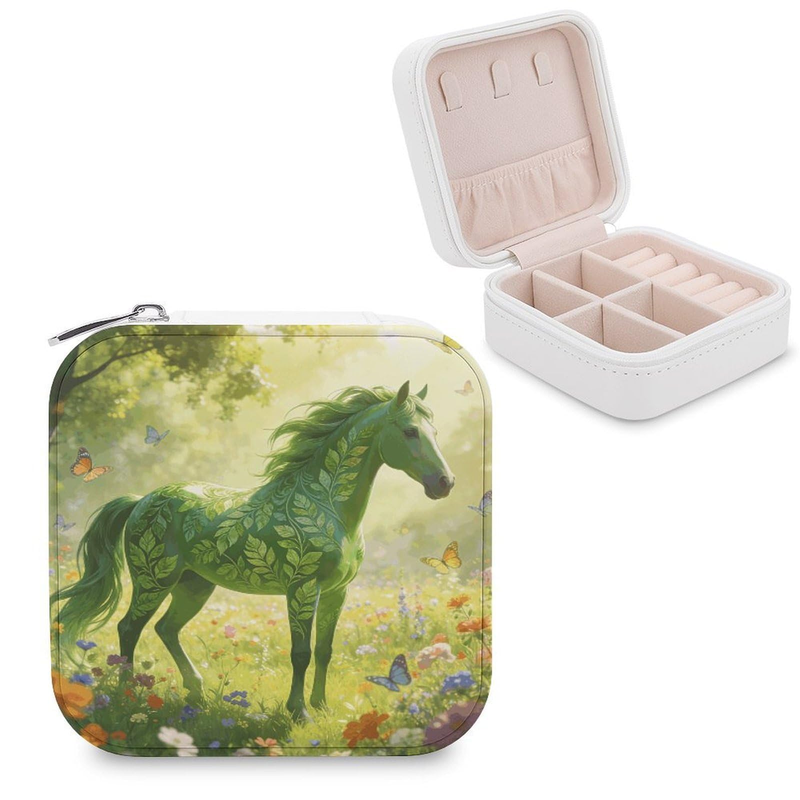 LZQPOEAS Green Horse Pattern Jewelry Box, PU Patterned Storage Case, Portable Travel Jewelry Organizer Box for Storing Rings, Pendants, Earrings, Necklaces, And Women's Specialized