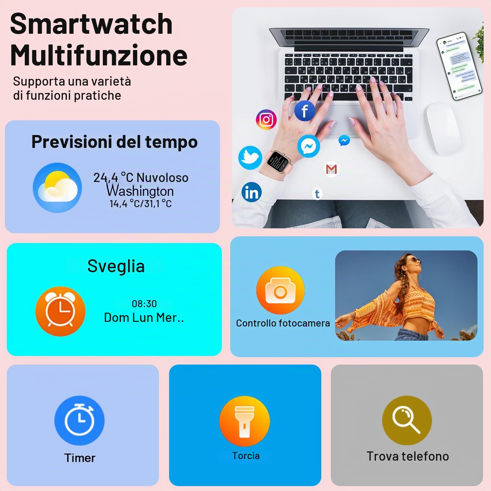 Fempoin Smartwatch Uomo Donna, 1.96" Orologio Smartwatch con Effettua/Risposta Chiamate, 100+ Sportive Fitness Tracker con Cardiofrequenzimetro Sonno Contapassi, Impermeabil IP68 Smart Watch Oro Rosa