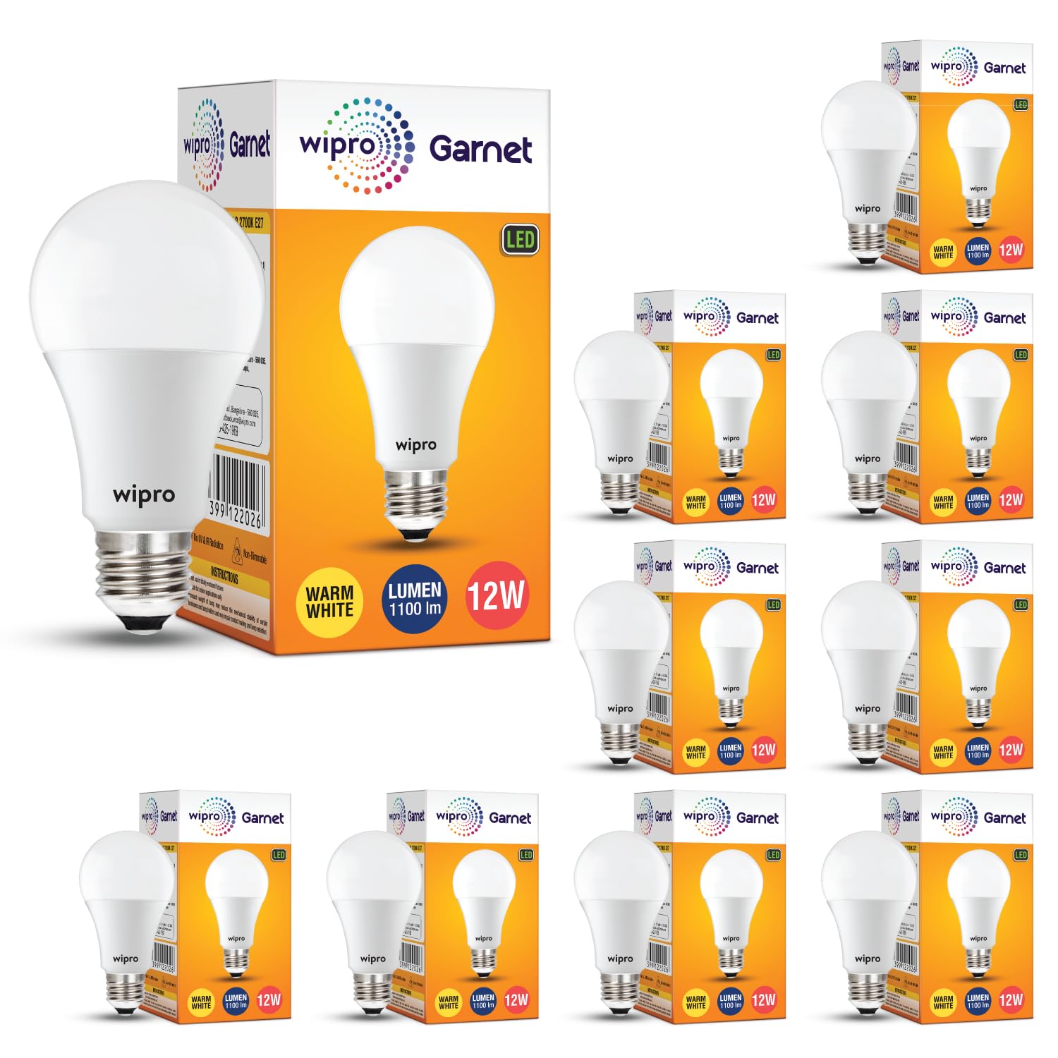 wipro Garnet Base E27 12-Watt LED Bulb (Pack of 10, Yellow)