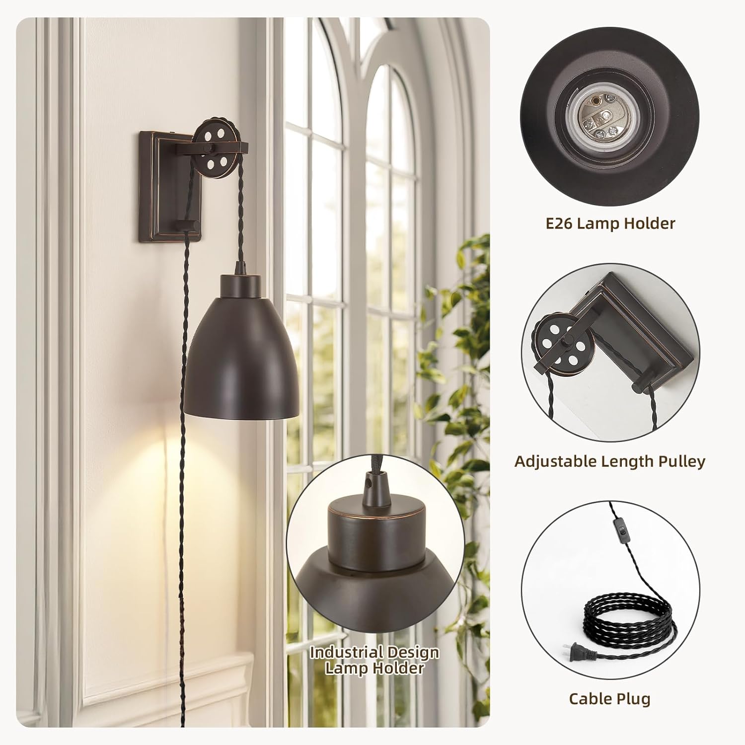 8FT Plug in Wall Sconces Set of 2 Pulley Wall Lamps On/Off Switch Hanging Light Fixture Industrial Wall Lights for Bedroom, Living Room and Hotel, Oil Rubbed Bronze