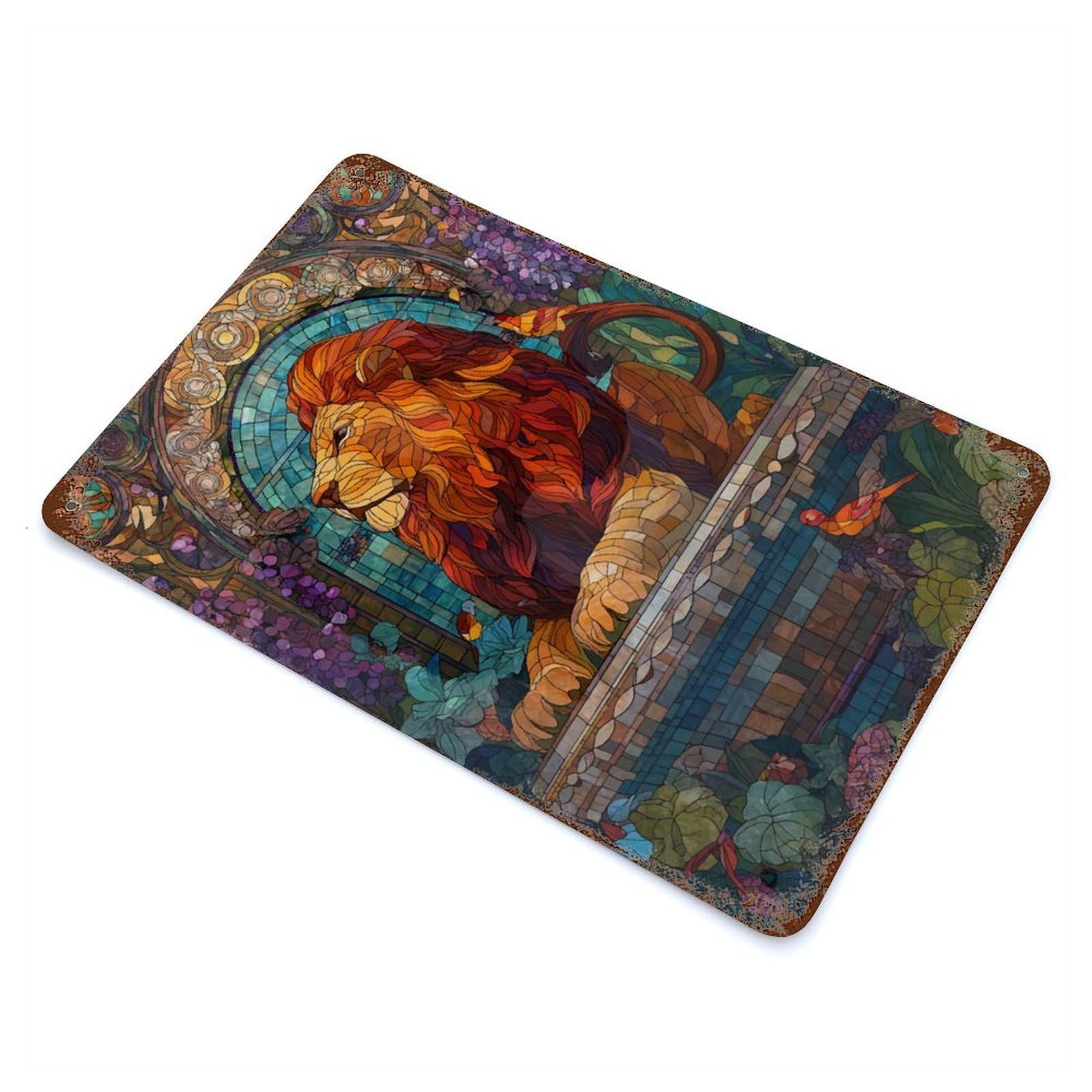 Garage Style Stained Glass Lion with Birds Aged Metal Wall Plaque 11.8"x7.9", Farmhouse Wall Decor for Bar And Workshop