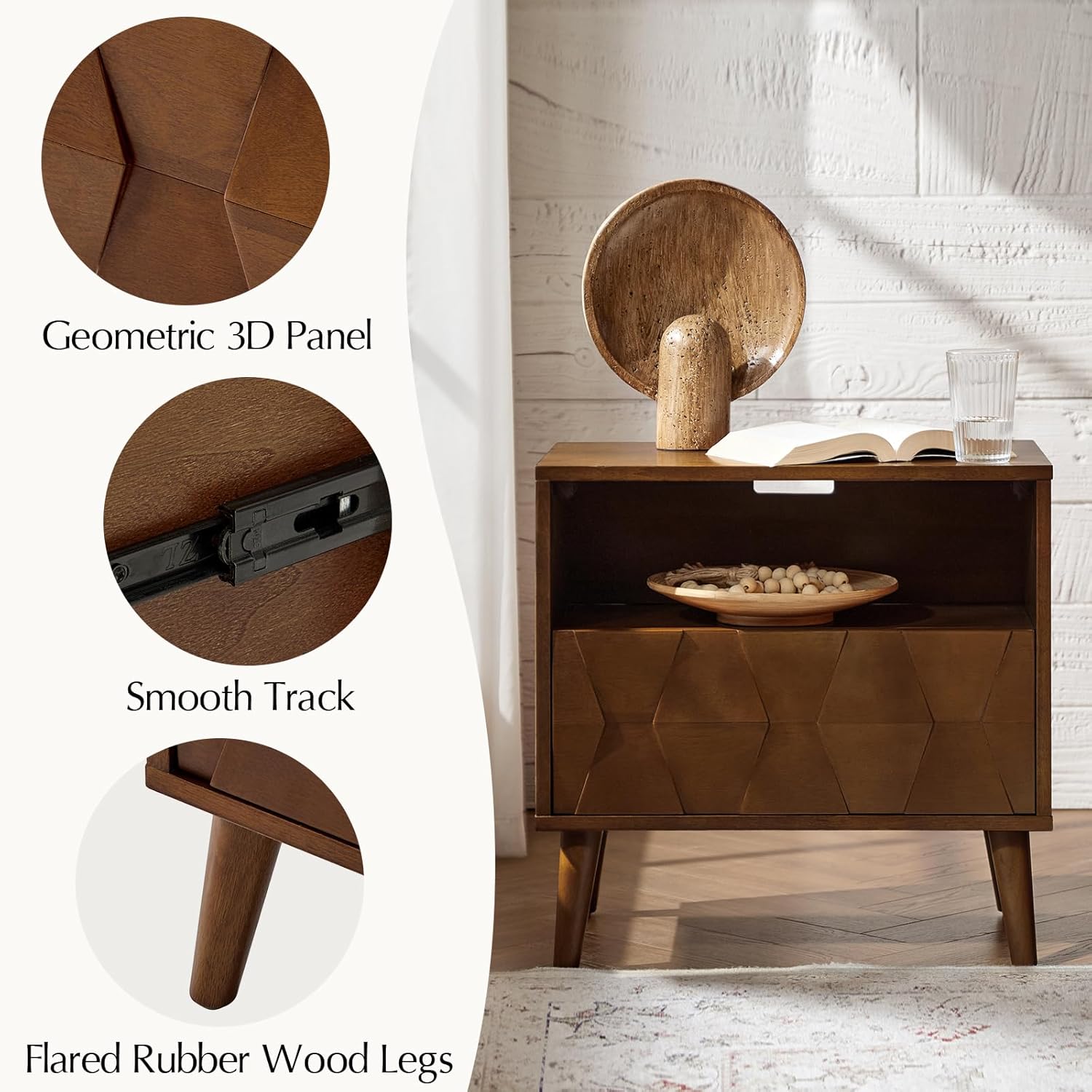 HULALA HOME Mid Century Modern Nightstand with Solid Wood Legs,Drawer Organizer with Charging Station, Geometric Pattern Nightstand Set of 2, Walnut