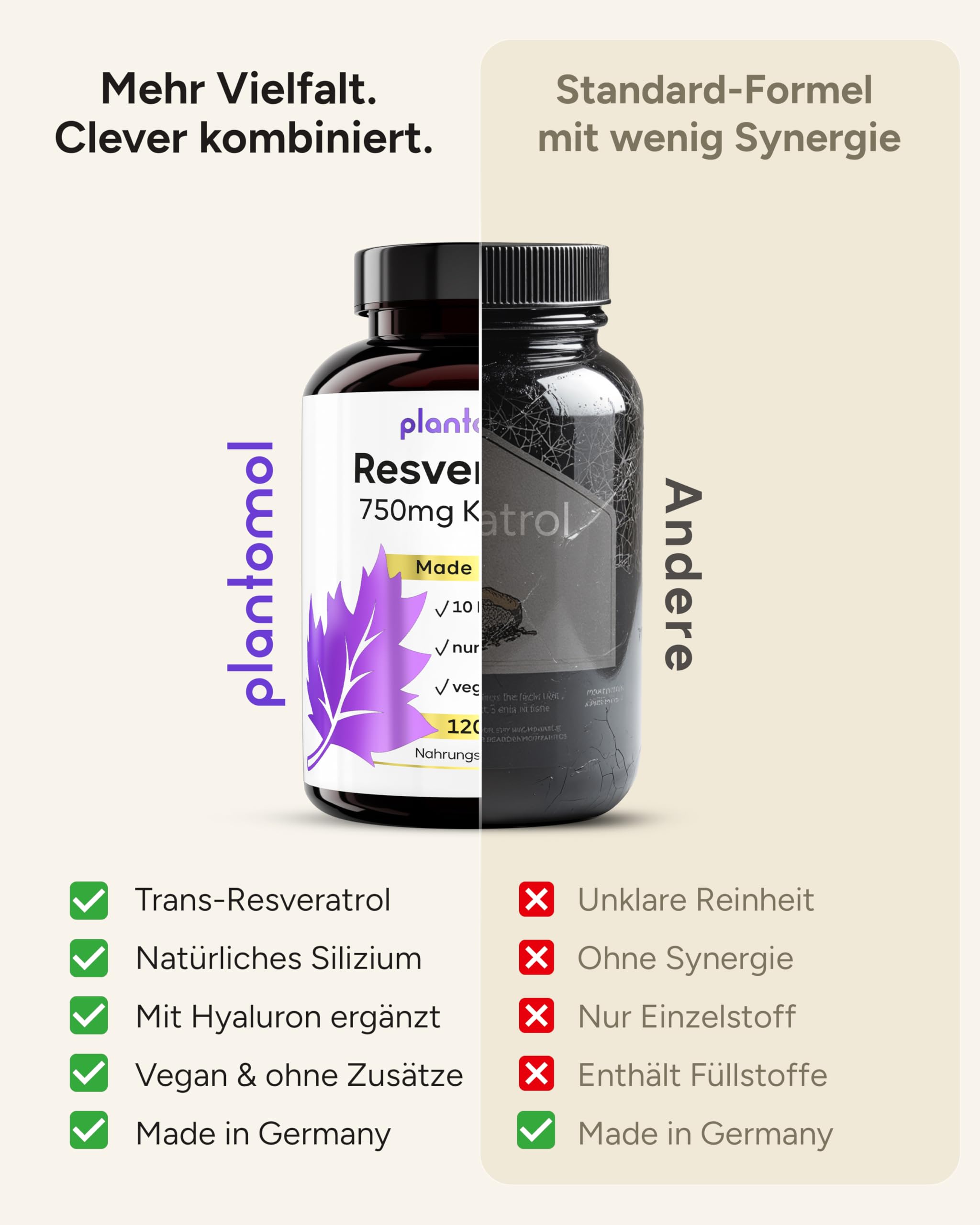 120 Trans Resveratrol Kapseln mit 750mg Resveratrol hochdosiert mit Silizium und Hyaluron (in 2 Kapseln) als Resveratrol Komplex