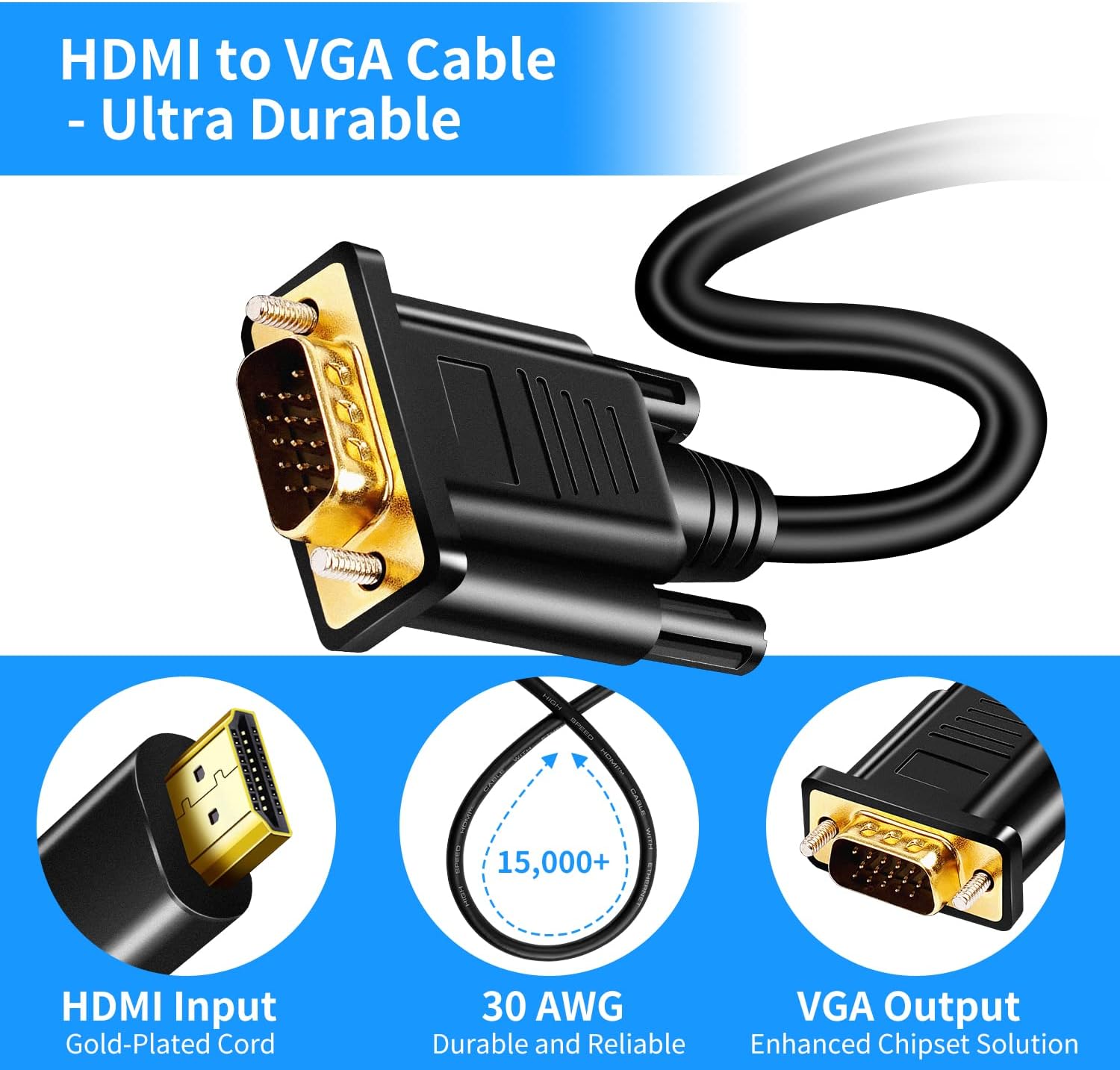 HDMI to VGA Adapter Cable 3m, HDMI Male to SVGA Male Video Converter Cord, 1080P HD Gold Plated Active Monitor DSUB Cable for Desktop, Laptop, Projector, HDTV, Raspberry Pi, Roku, Xbox, etc (3m)
