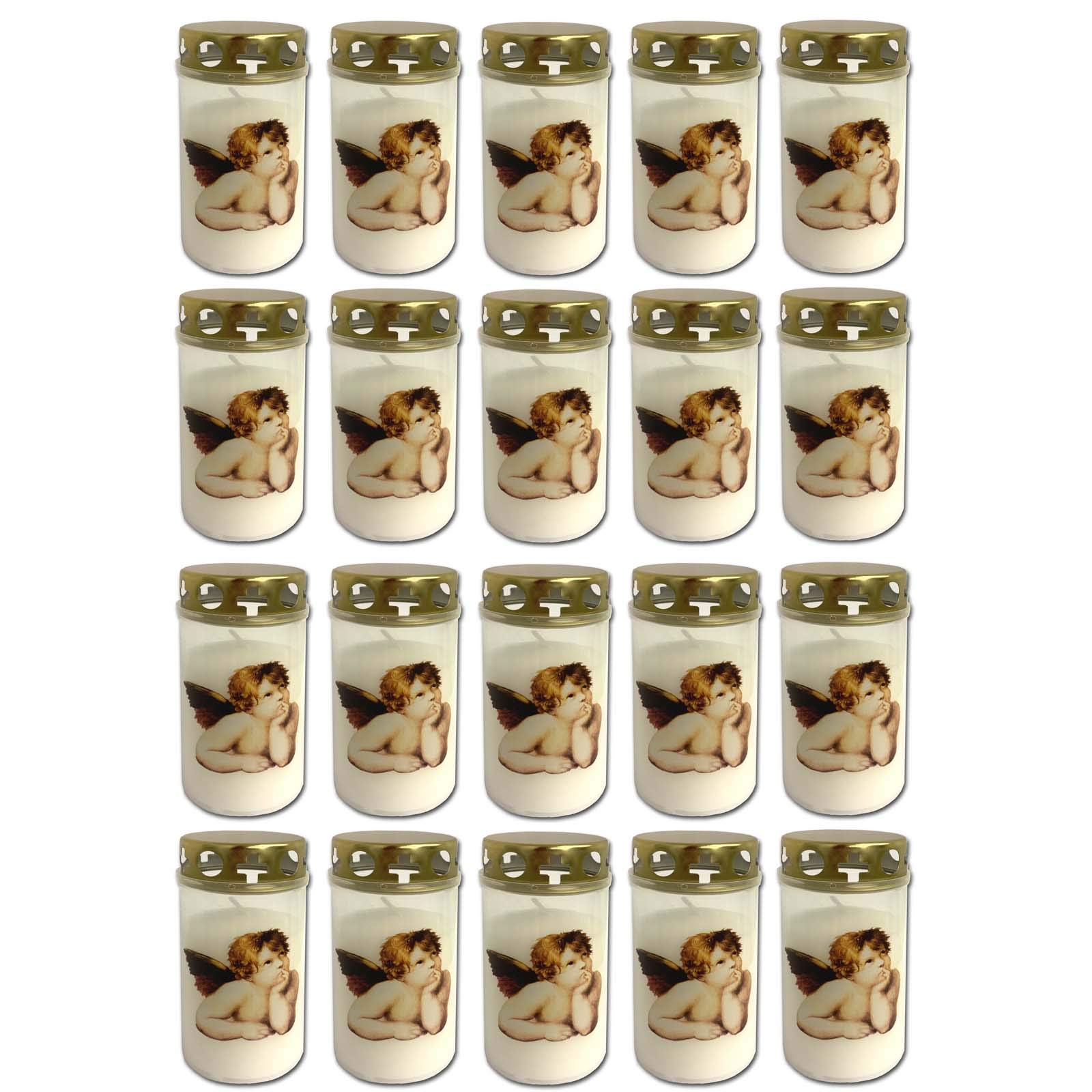 20er Set Grablicht Weiss mit Deckel Grabkerzen mit Engel Motiv Friedhofskerzen Grablichtkerze Trauerlicht Gedenkkerze Grabdekoration Grabdeko