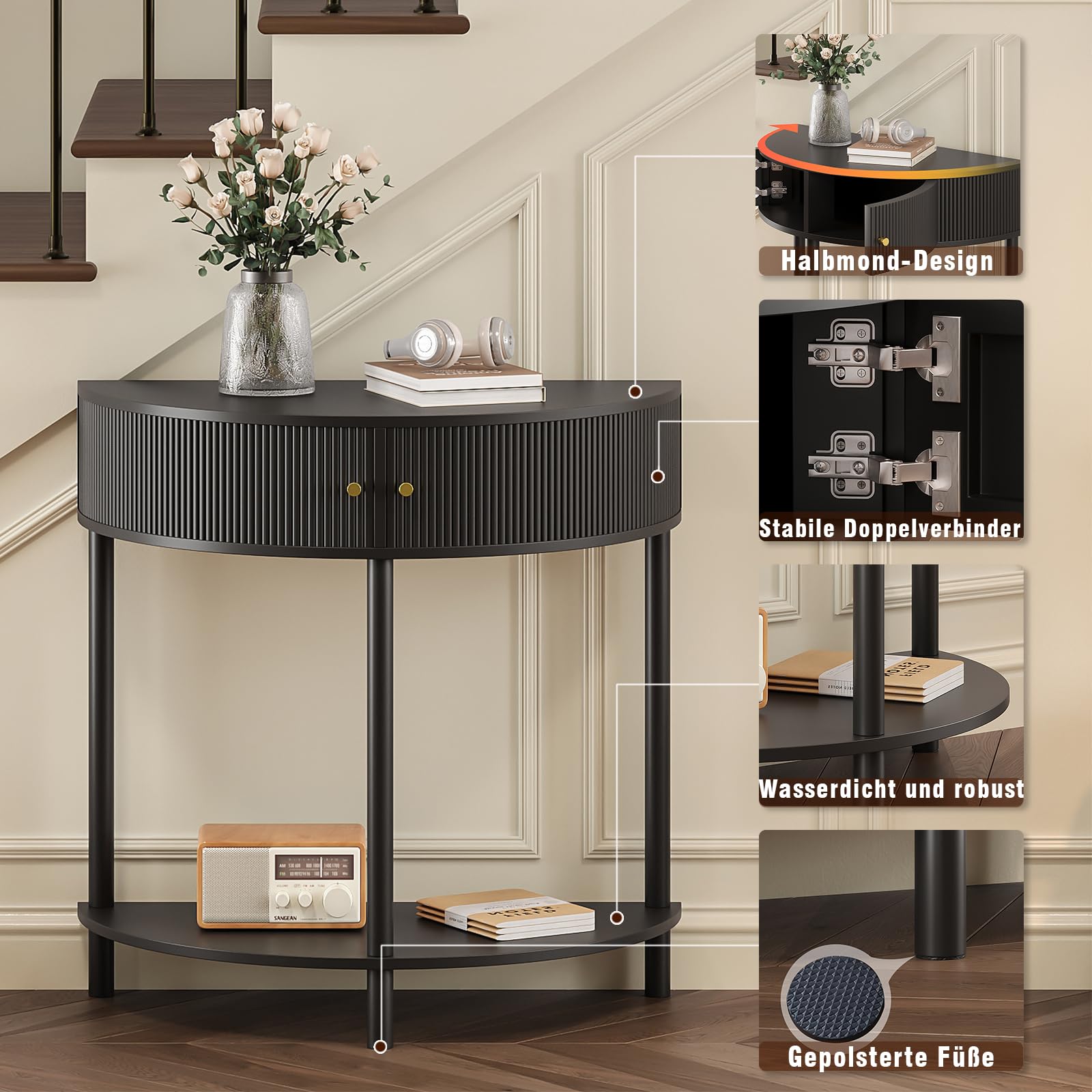 Trironsun Mesa de consola de media luna con espacio de almacenamiento, mesa de pasillo estrecha con 2 cajones, asas y estantes dorados, mesa auxiliar de madera boho para sala de estar, dormitorio o
