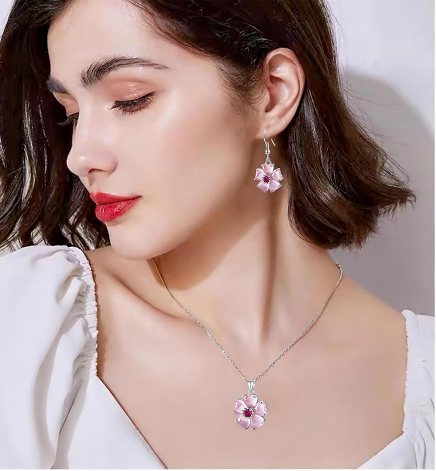 VONSSY Elegant Cherry Blossom Necklace Earrings Pink Cats Eye Flower Flora Sakura Gemstone Crystal Pendant 18k Gold Plated Chain Jewelry Set Gift for Woman Wife Girlfriend