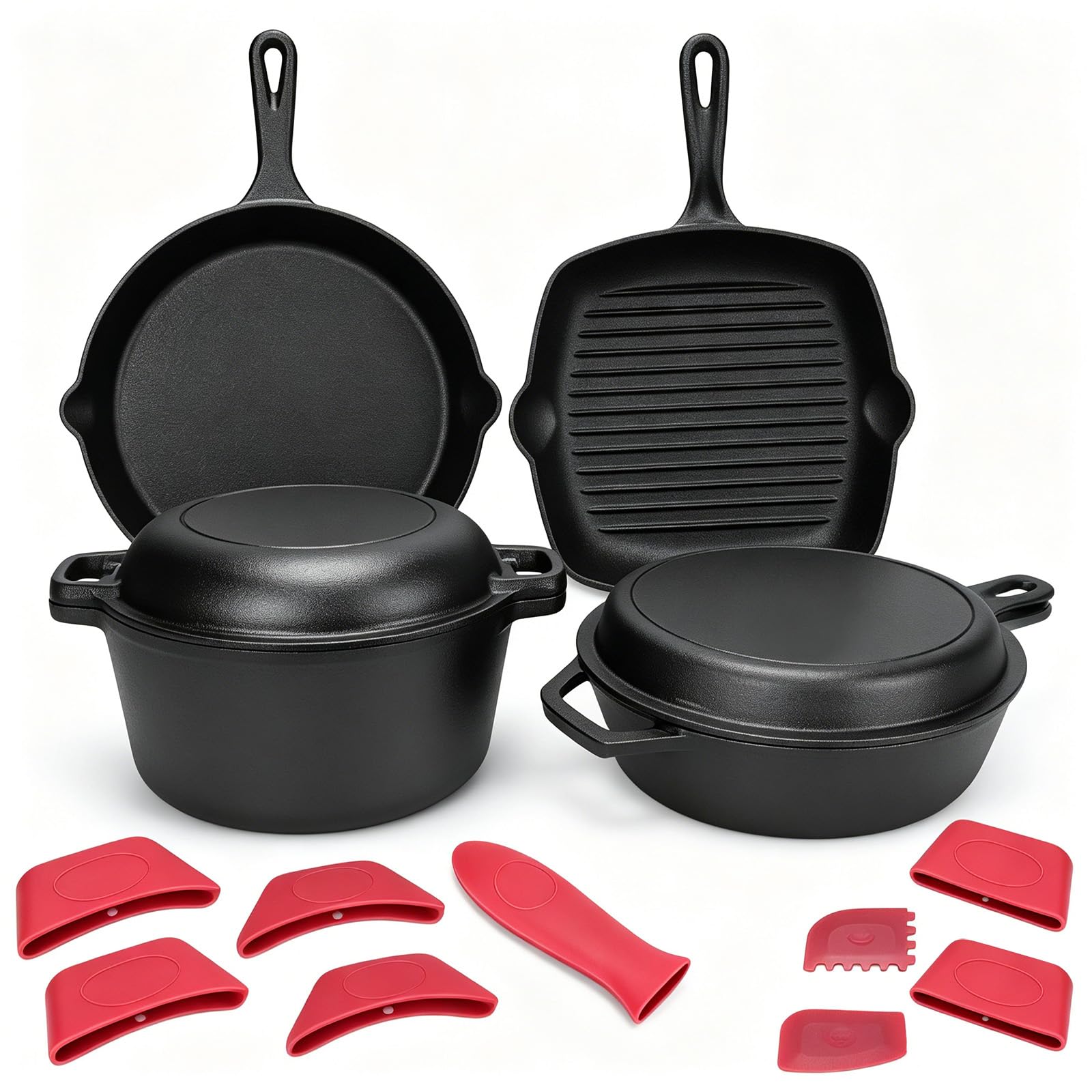 GFTIME Gusseisen Kochgeschirr Set 6-teilig mit 5 QT Dutch Oven & Deckel, 3,2 QT Schmortopf mit 1,6 QT Pfannen-Deckel, 28 cm Grillpfanne, 30,5 cm Bratpfanne, für Herd, Backofen, Grill & Camping