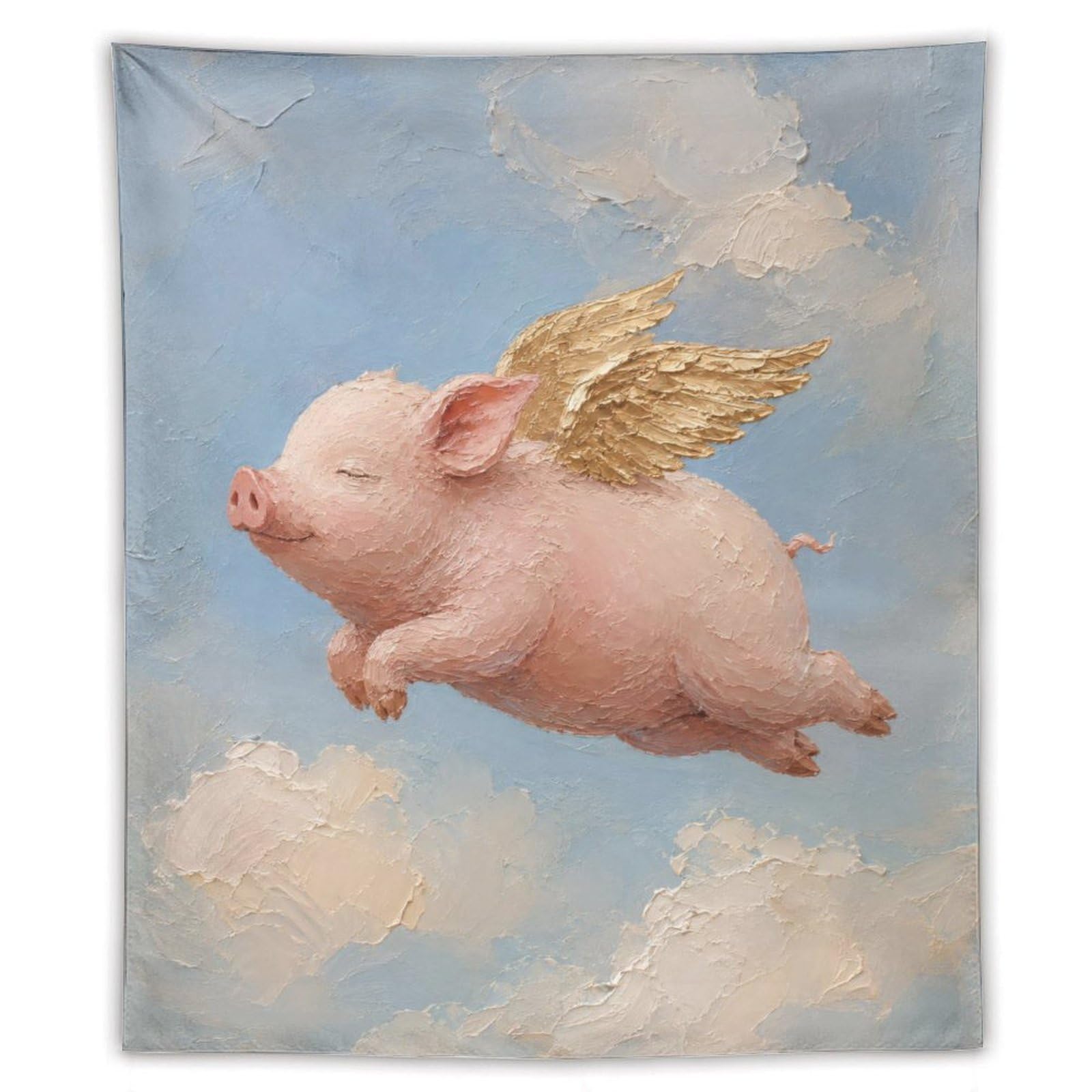W7C8U2X3 Flying Pig Golden Wings Wall Tapestry, Naive Art, Cloud Sky Flight