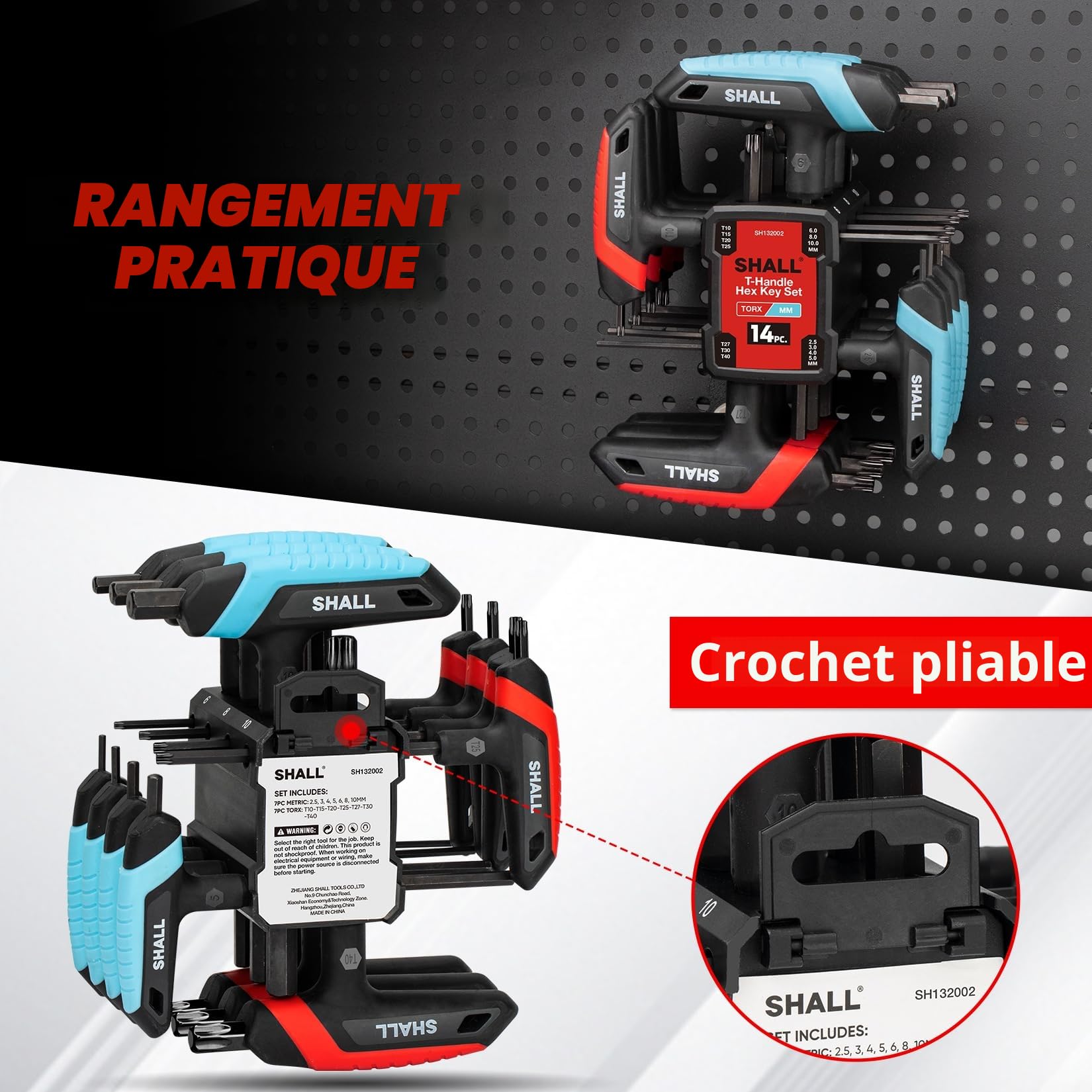 SHALLJeu de 14 clés hexagonales à poignée en T, 7 clés métriques et 7 clés Torx avec support de rangement pour la réparation de vélos de voiture, le bricolage, la réparation à domicile