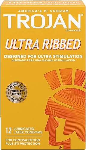 Trojan Paquete de condones ultra acanalados con una elegante funda de bolsillo de latón, condones de látex lubricados, 12 unidades