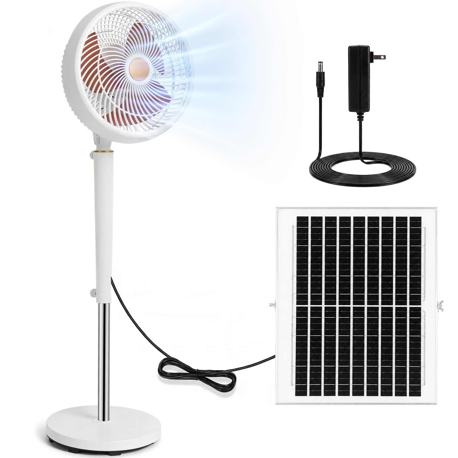 Photo 1 of ****PANEL IS DAMAGED*** Grinsvalley 11 Inch Solar Rechargeable Floor Standing Fan with Solar Panel, 8800mah Battery Powered, Two Charging Methods, 3 Speeds, Oscillating Pedestal Fan for Home Warehouse