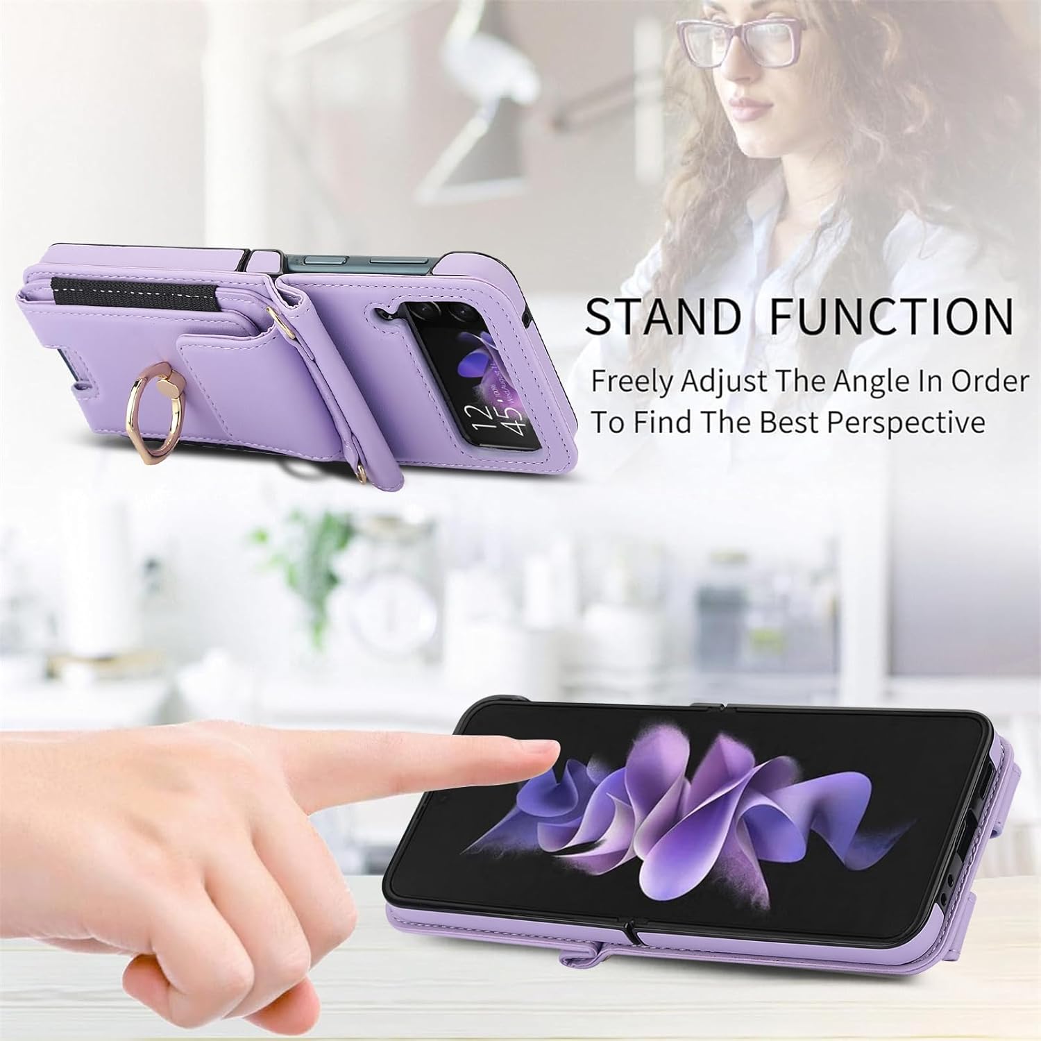 Asuwish Phone Case for Samsung Galaxy Z Flip 3 5G 2021 Wallet Cover with Ring Crossbody Wrist Strap Lanyard Credit Card Holder Slot Cell Leather Purse ZFlip3 Z3 Flip3 3Z Women Men Girls Purple