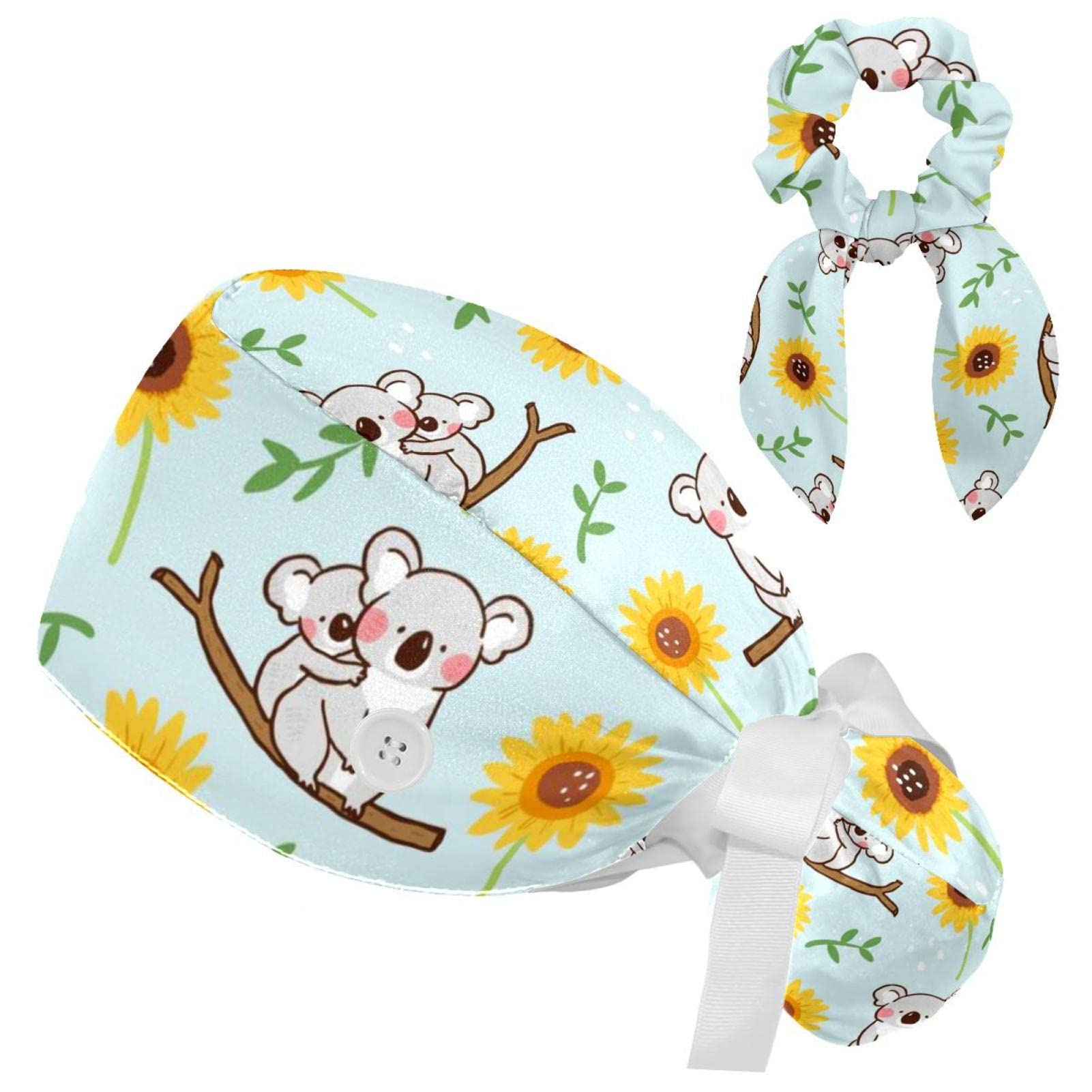 Scrub Cap Nurse Doctor Surgical Hat Koala Flower Cloud Medical Hat with Buttons Bowknot Hair Bow Tie