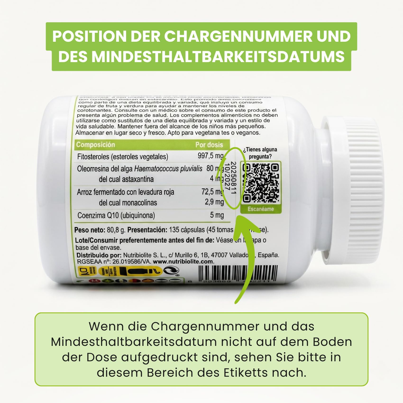 Cholesterin Komplex mit Pflanzlichen Sterolen 997,5 MG, Roter Reis (Monakoline), Coenzym Q10 & Astaxanthin – 135 vegane Kapseln ohne Zusatzstoffe | Protecardio Nutribiolite