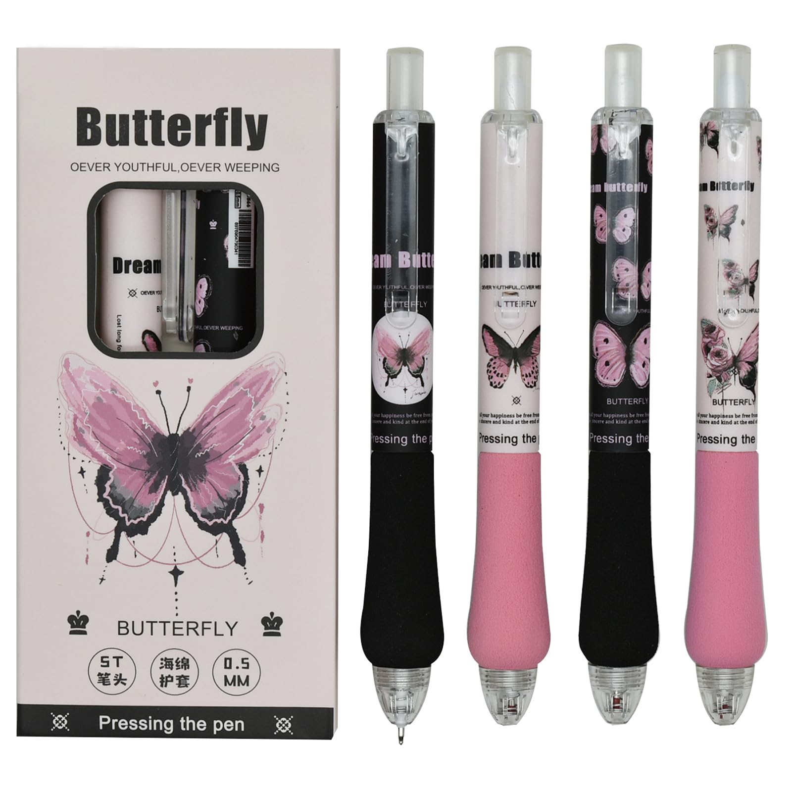 Maydahui 12 PCS Butterfly Rollerball Gel Pen Retractable Printing Pens Novelty Pen Soft Sponge Grip ST Nib Black Ink for Girls Women School Party