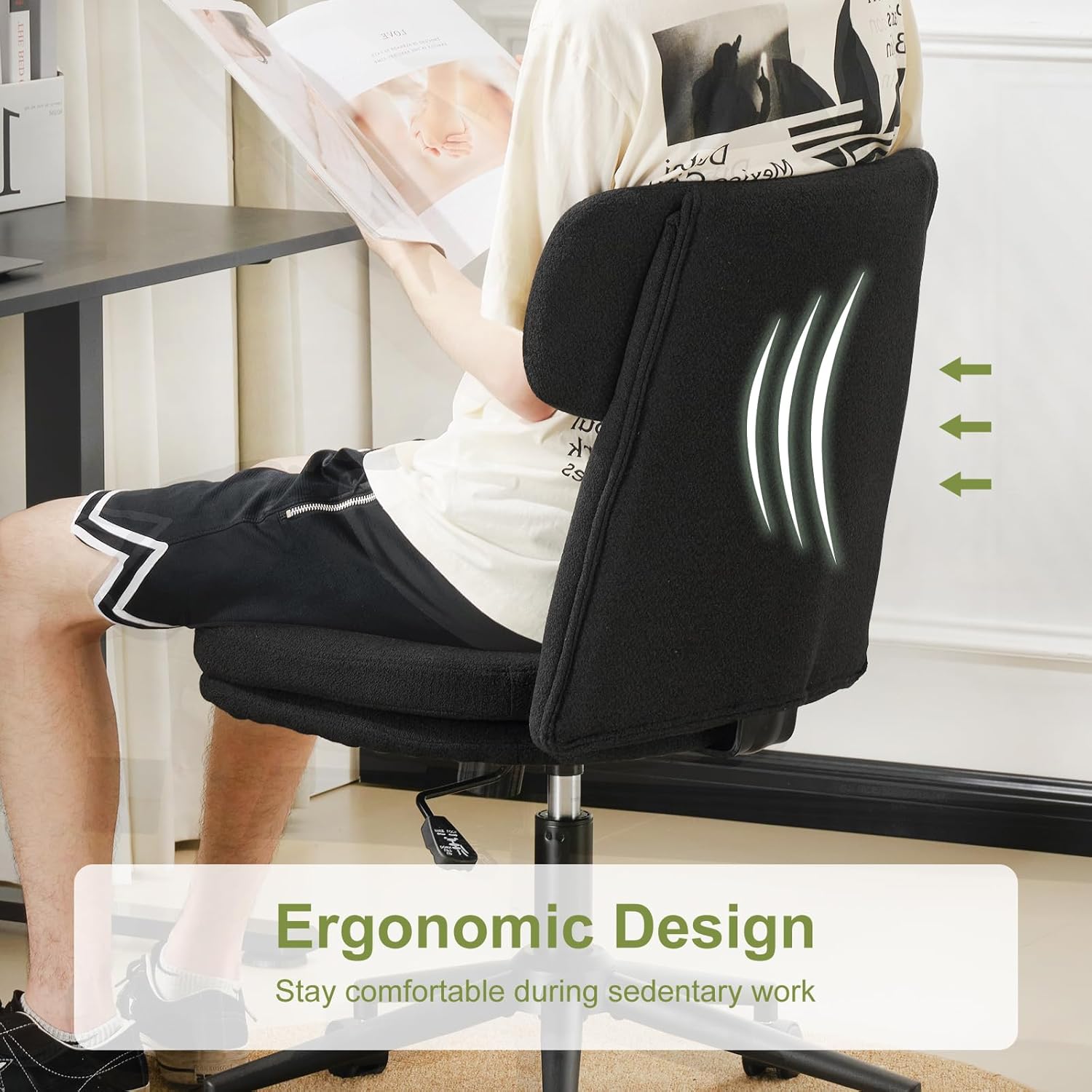 Furniliving Armless Office Chair, Upholstered Chenille Desk Chair with Wheels, Adjustable Swivel Computer Vanity Chair with Double-Layer Cushion, Black - Image 6