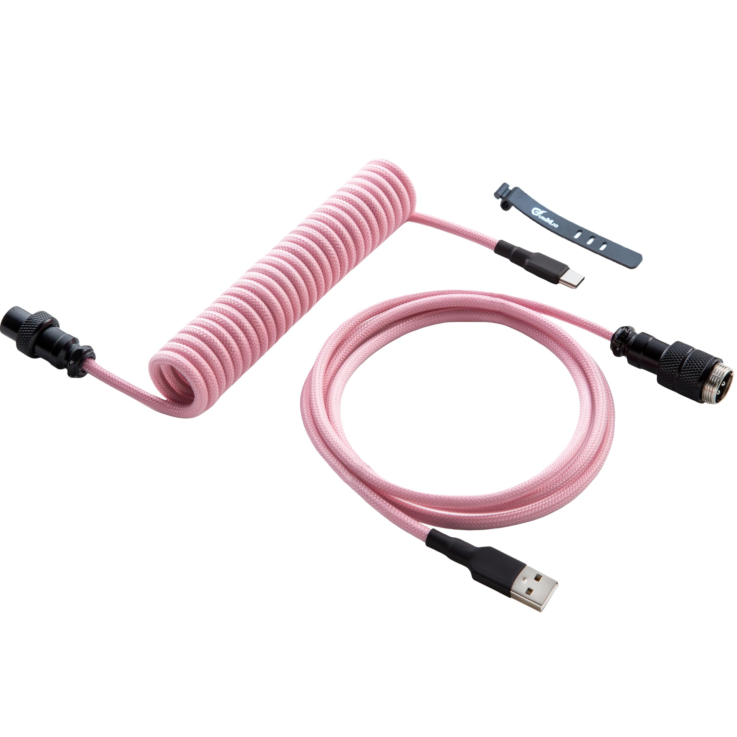GUNMJO Pro Custom Coiled USB C Cable for Gaming Keyboard, Double-Sleeved Mechanical Keyboard Cable with Detachable Metal Aviator, 1.5M USB-C to USB-A, Black Pink