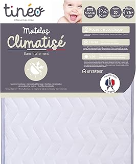 Tinéo - Matelas Climatisé 60x120x10cm - Matelas Bébé - Climatisé - 1 Face Été - 1 Face Hiver - sans Traitement - Densité 20 kg/m3 - Fabriqué en France