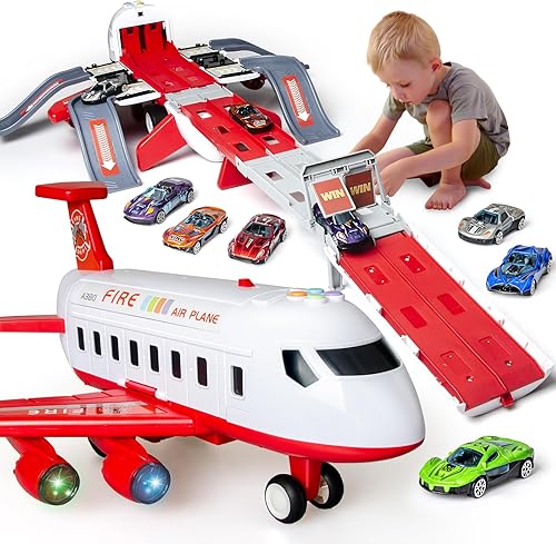 Juguetes de avión para niños pequeños de 3 a 5 años, juego plegable de 4 capas para niños, transporte de avión de juguete y 6 autos de carreras,