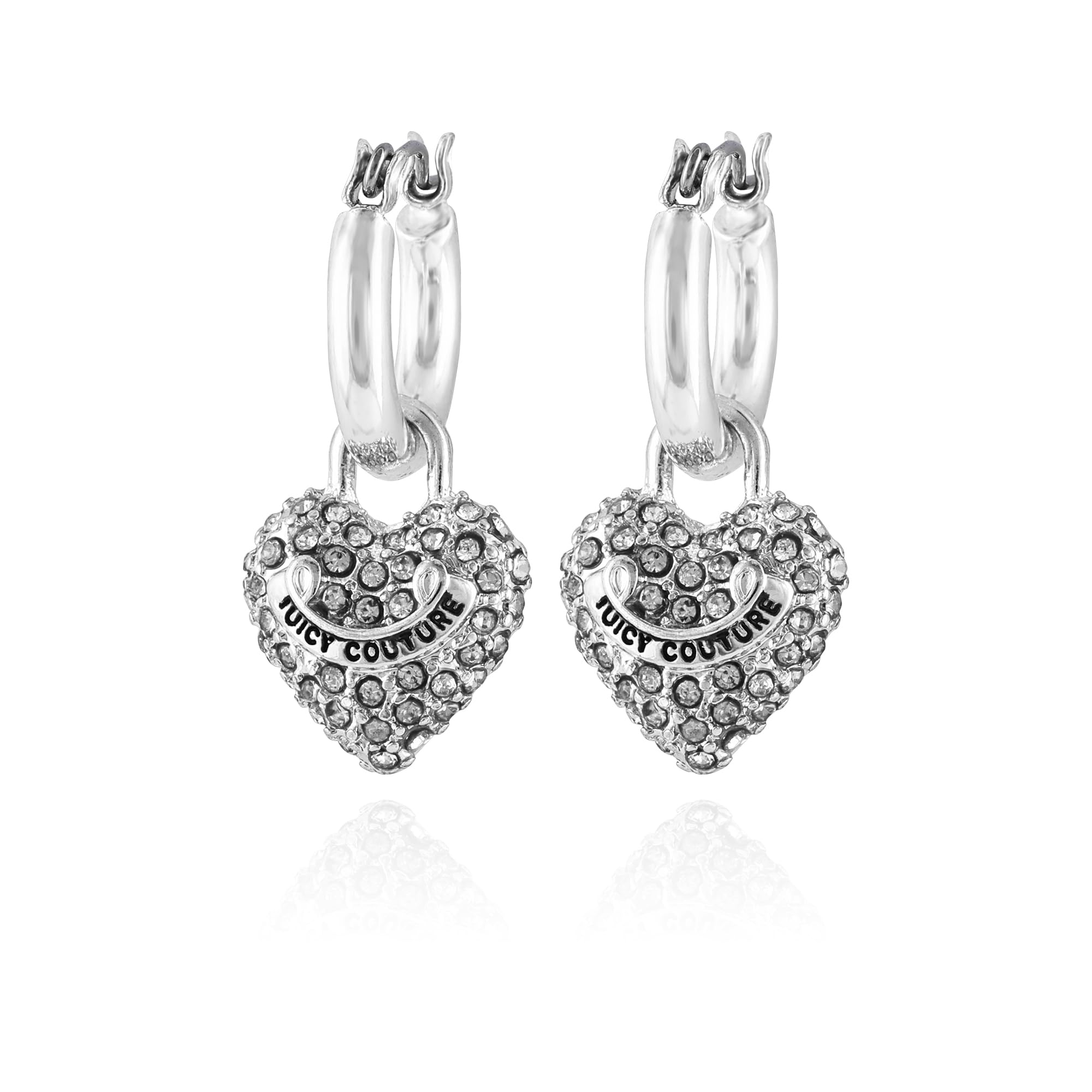 Juicy CoutureSilvertone Mini Hoop and Pave Crystal Heart Dangle Charm Earrings