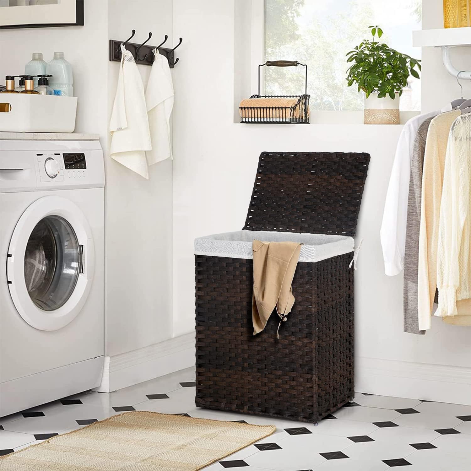 Paylesshere Laundry Hamper Handwoven Laundry Basket 90L/110L Foldable Rattan Laundry Hamper With Lid,2 Removable Liner Bags & 6 Laundry Bags,Clothes Hamper for Bathroom, Brown