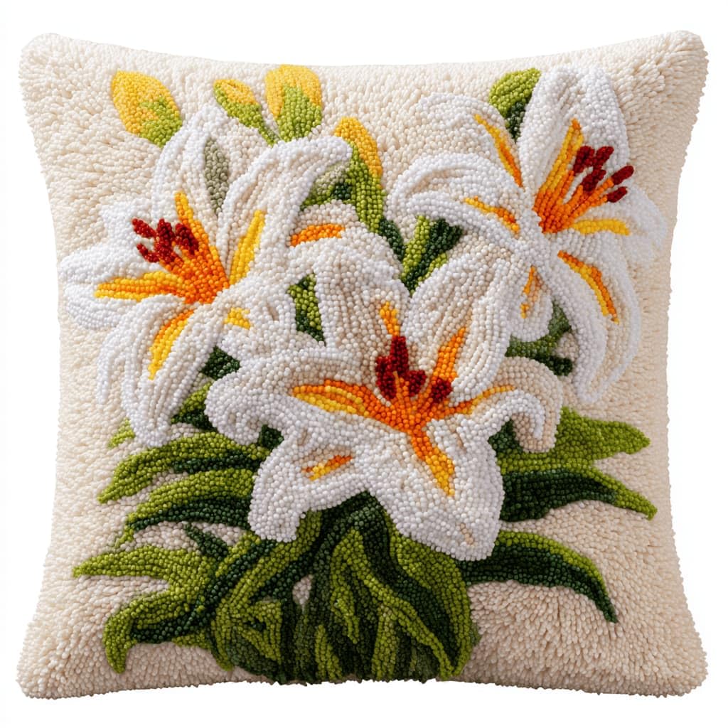 Kitquiver Latch Hook Kits Lily for Adults,Beginners DIY Latch Hook Cushion Kits and Latch Rug Kits Cross-Stitch Embroidery Cushion Cover for Home Sofa Decoration 17X17 in