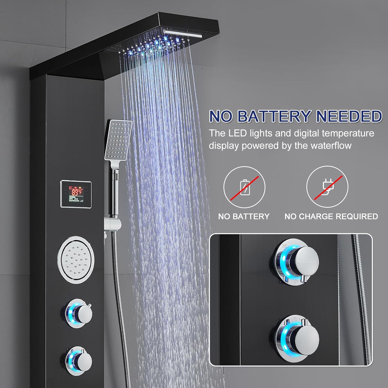 ROVATE LED Shower Panel Tower System - Rainfall Waterfall Shower, Round Body Jets, Handheld and Tub Spout, Digital Temp-Display, LED Knob, No Battery Needed 5-in-1 Stainless Steel Shower Column Black