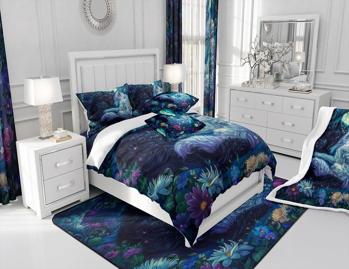 Wolf Couple Duvet Cover Twin Size,Moon Night Starry Sky Bedding Set,Kids Girls Teens Boys Room Decor,Watercolor Flower Plants Comforter Cover Nature Wild Animal Quilt Cover,1 Pillowcase(No Comforter)