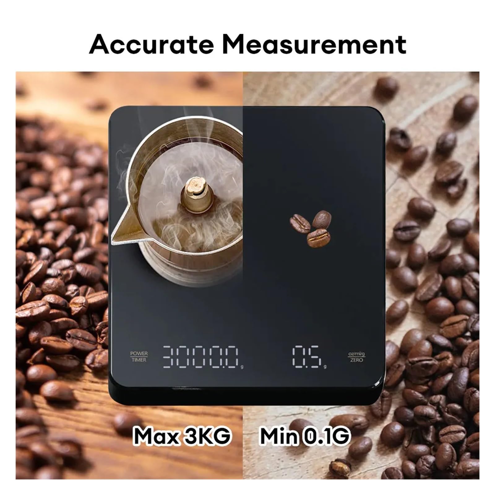 Bilancia Elettronica per caffè con Timer, Schermo LED, USB, 3 kg, 0,1 g, G/oz/ml, Misure ad Alta precisione, Timer Automatico, Bilancia da Cucina Intelligente